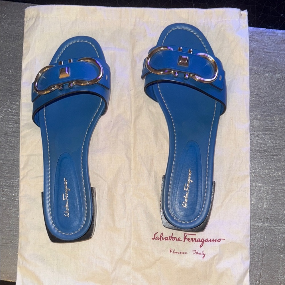 Salvatore Ferragamo Blue Slide Sandals with Silver Accents